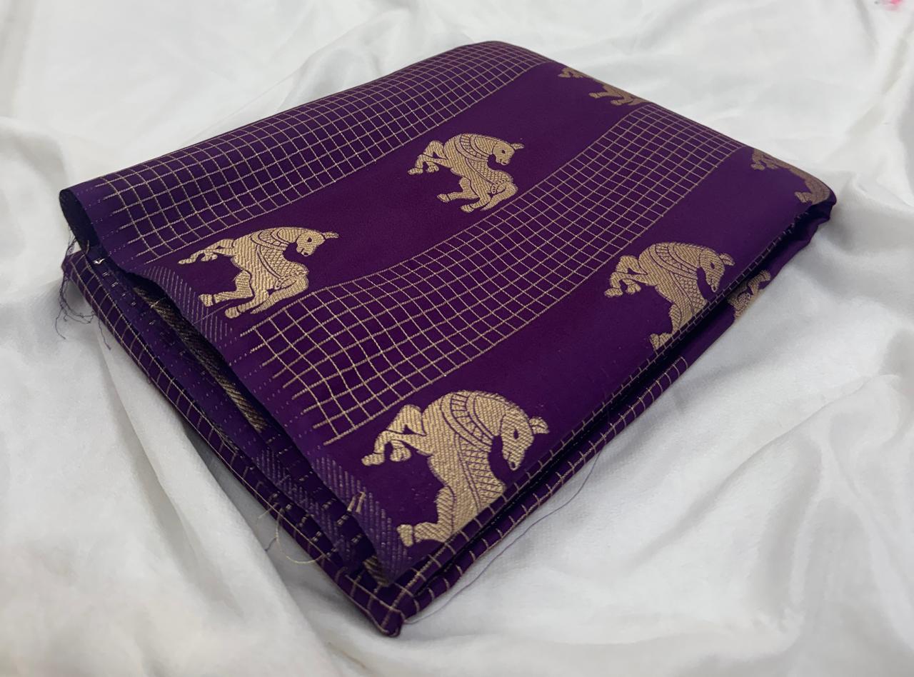 Pure Crepe Checks Saree with Satin Border & Deer Weaving Design Silk Saree